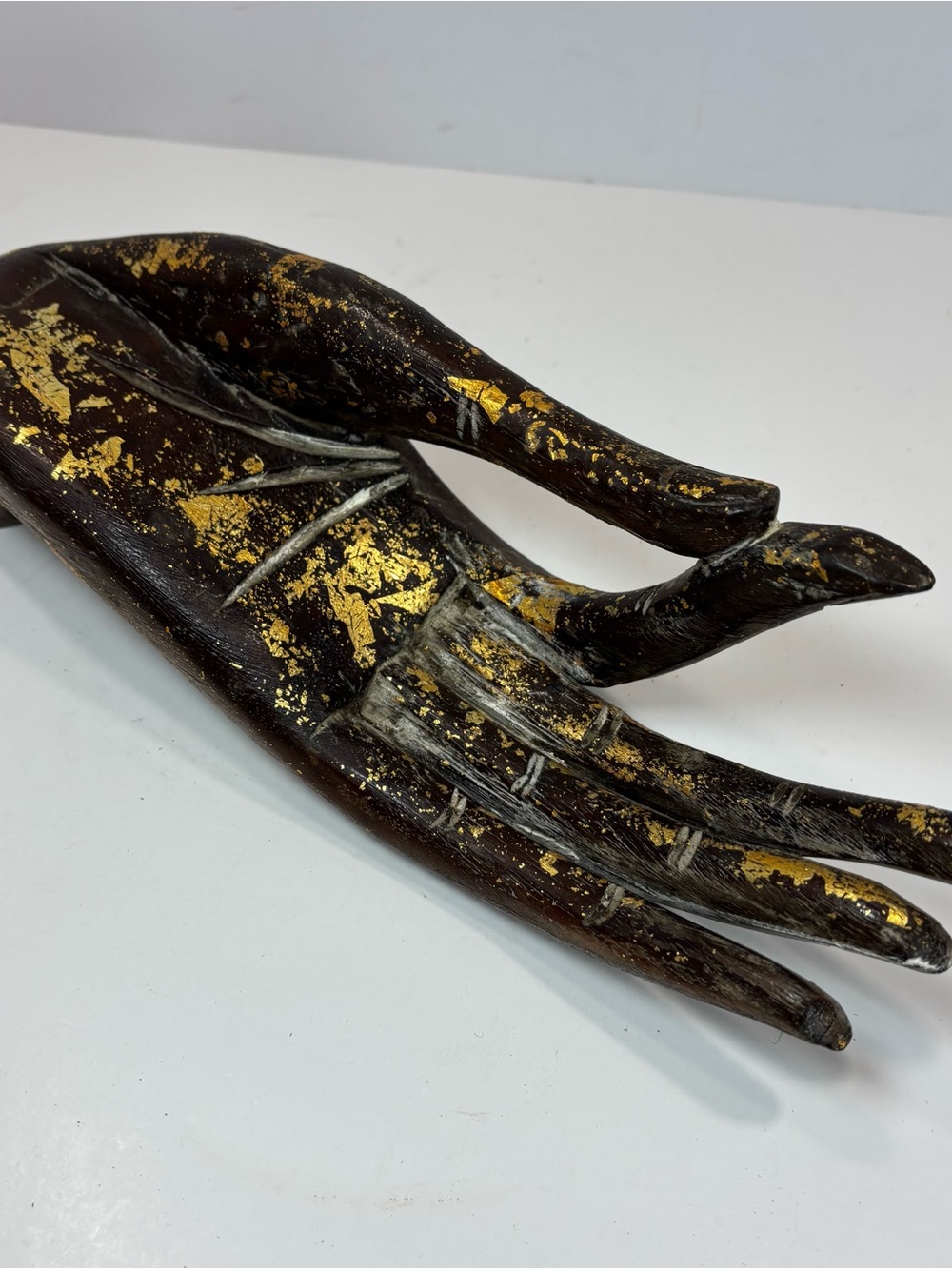 Vtg Dark Wood Carved Hand Buddhism Buddha Mudra Art Carving Card Ring Holder 14”